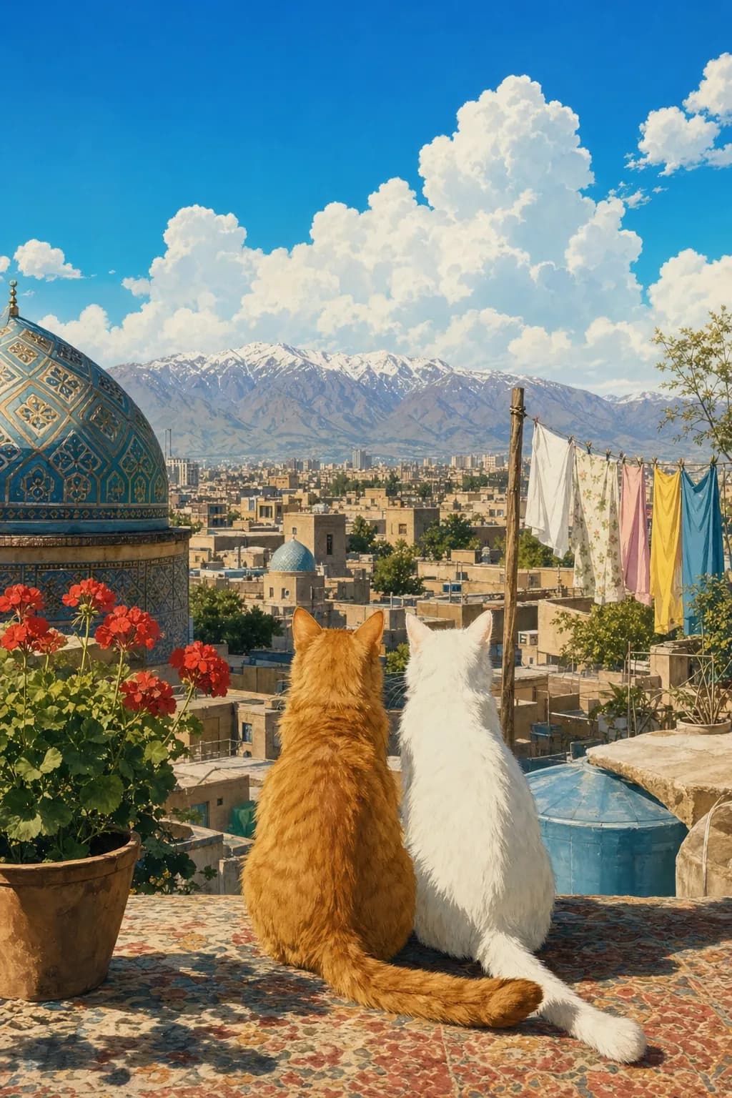 تصویرسازی به سبک انیمه از دو گربه روی پشت‌بامی در تهران، زیر آسمان آبی و ابرهای سفید