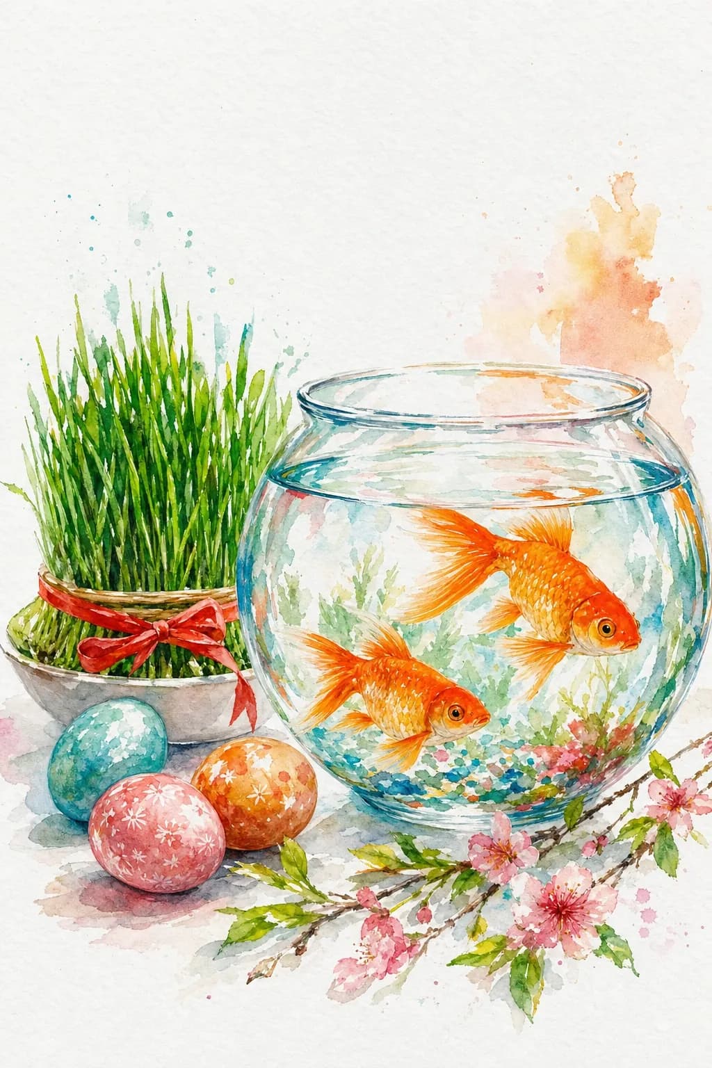 نقاشی آبرنگی از دو ماهی قرمز در تنگ شیشه‌ای، کنار سبزه و تخم‌مرغ‌های رنگی