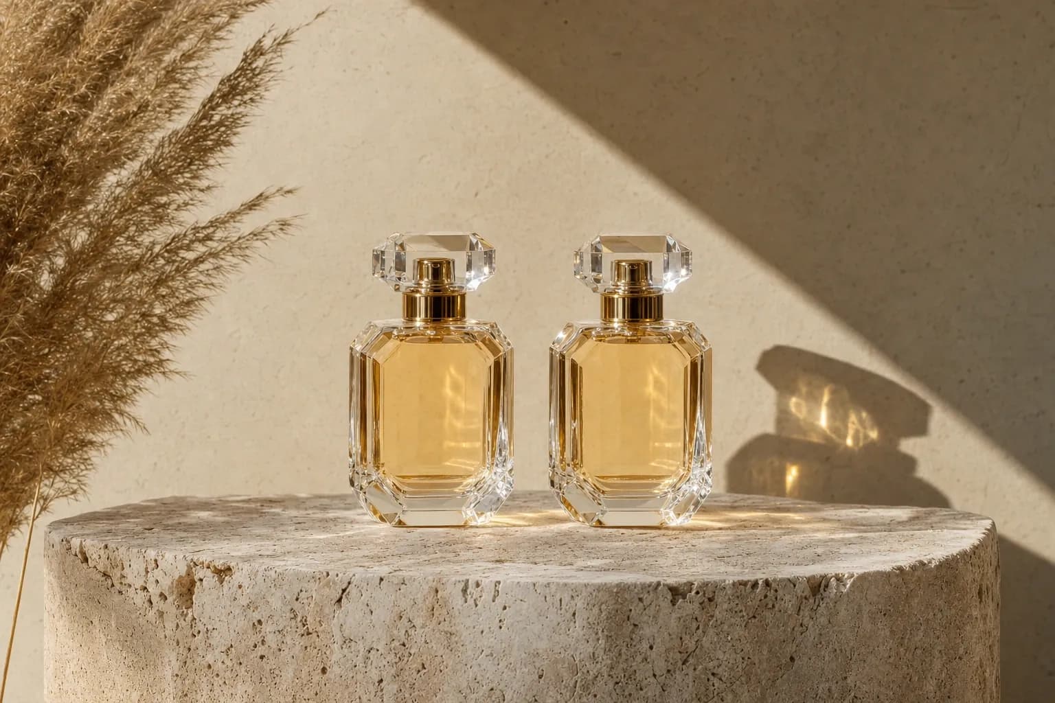دو شیشه‌ی عطر قرینه روی سنگ تراورتن، زیر آفتاب، با سایه‌های بلند و برق طلایی