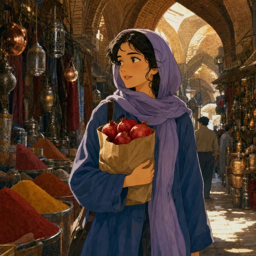 همان شخصیت به سبک انیمه در بازار سرپوشیده، با کیسه‌ای انار، زیر نور آفتابی که از سقف می‌تابد